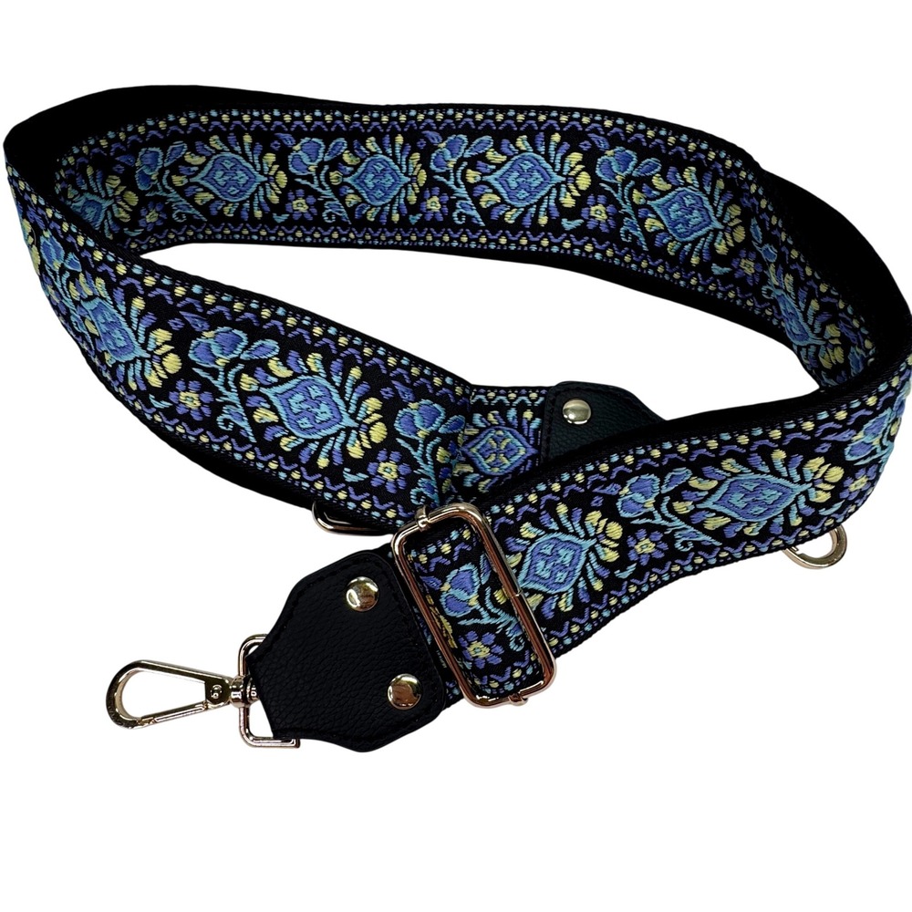 Embroidered Guitar Style Purse Strap Womens OS Blue Floral Boho Replacement
